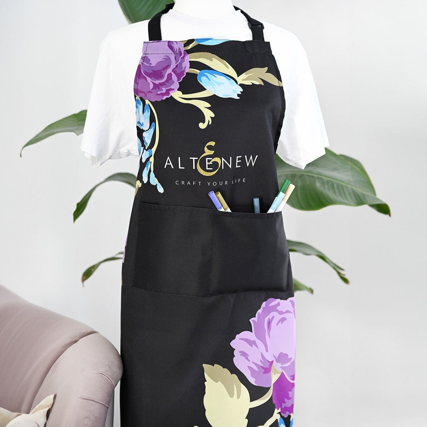 Stationery & Gifts Artsy Apron: Blue & Purple Ornamental Bouquet - Black