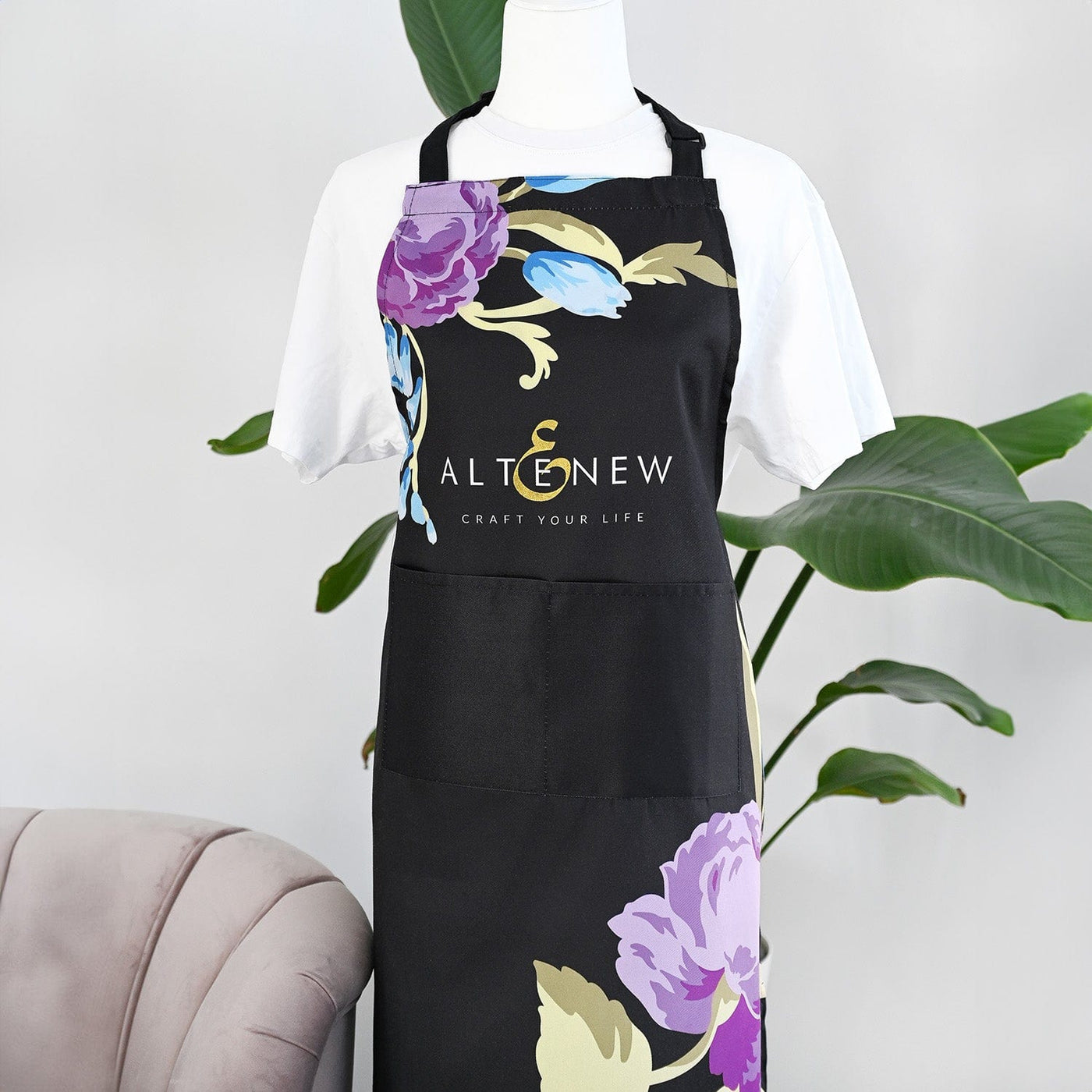 Stationery & Gifts Artsy Apron: Blue & Purple Ornamental Bouquet - Black