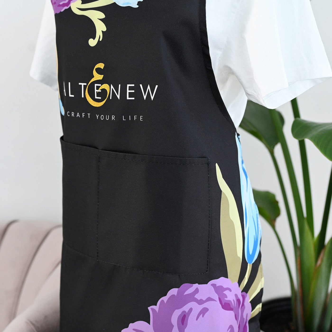 Stationery & Gifts Artsy Apron: Blue & Purple Ornamental Bouquet - Black