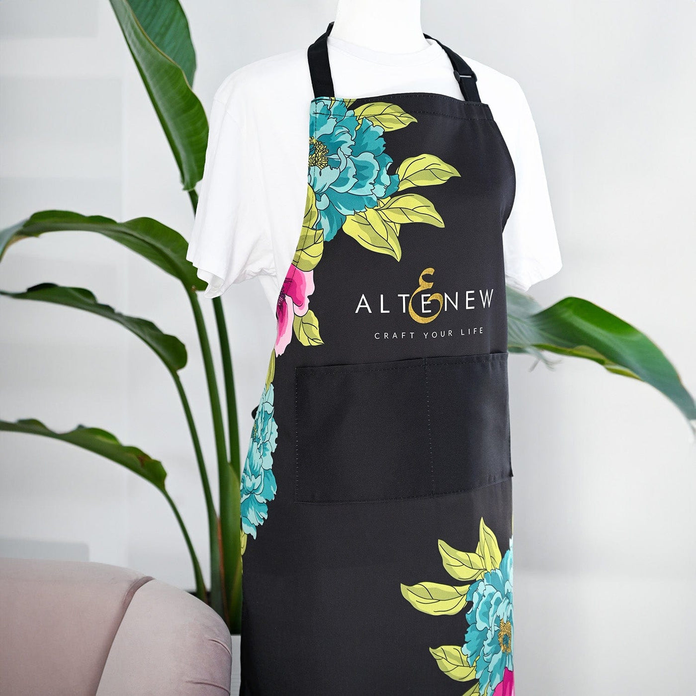 Stationery & Gifts Artsy Apron: Pink & Aqua Billowing Peonies - Black