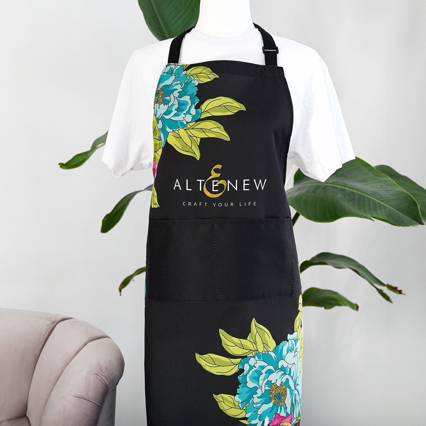 Stationery & Gifts Artsy Apron: Pink & Aqua Billowing Peonies - Black