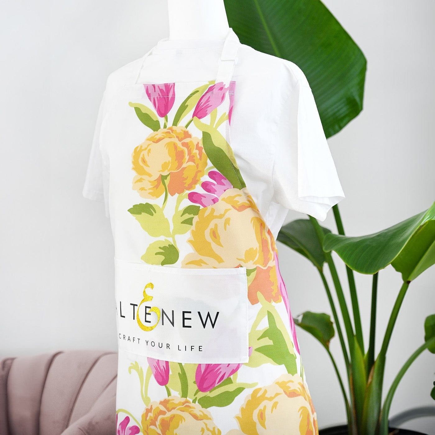 Stationery & Gifts Artsy Apron: Yellow & Pink Ornamental Bouquet - White